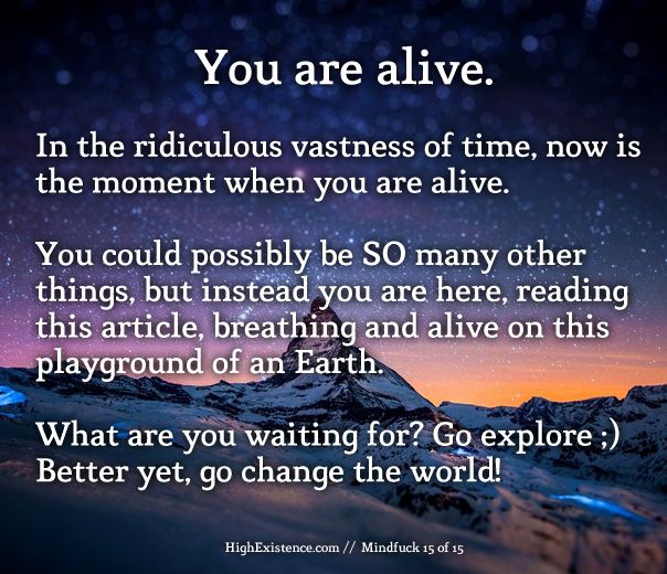 alive 15) You are alive . In the ridiculous vastness of time, now is the moment when you are alive. You could possibly be SO many other things, but instead you are here, reading this article, breathing and alive on this playground of an Earth. What are you waiting for? Go explore ;) Better yet, go change the world!