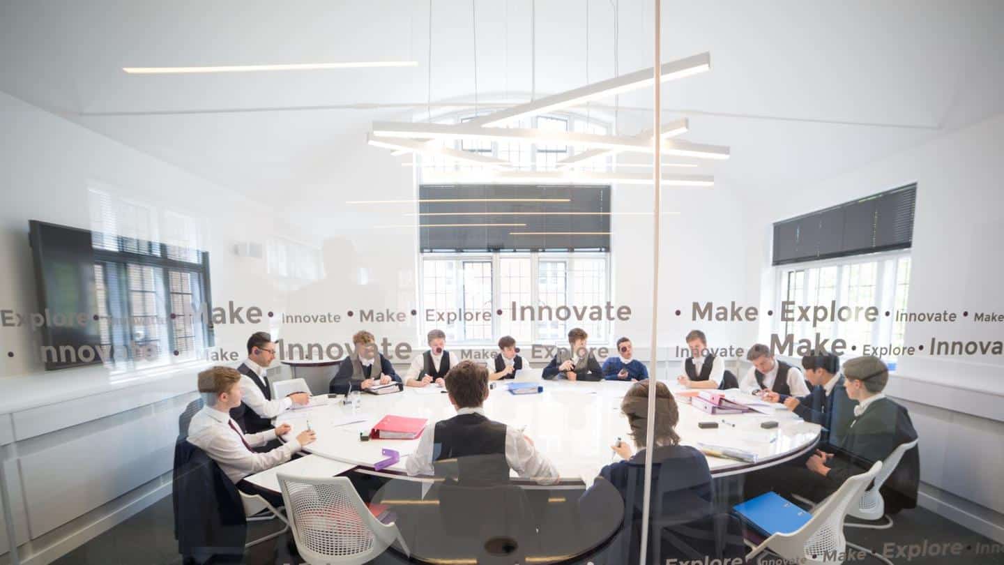 A typical Eton classroom. Notice the words written on the glass: "Make. Explore. Innovate." 