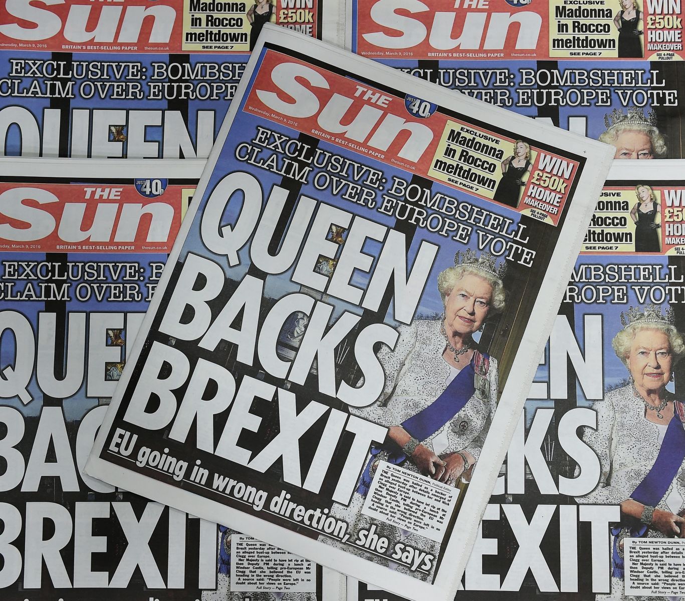The Sun newspaper has published a story indicating that Britains Queen Elizabeth II was backing for a Brexit on its front page on March 9 2016 EPA ANDY RAIN