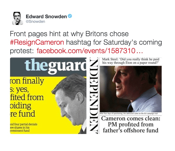Edward Snowden tweeting #ResignCameron 